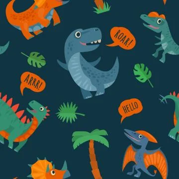 Seamless pattern with dinosaurs. Vector colorful flat icon isolated Illustrazione stock