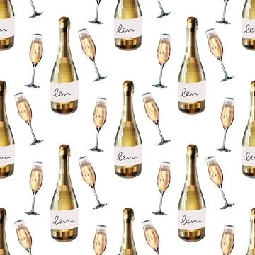 Seamless pattern disco mirror ball New Year s Eve, champagne bottle and gla.. Stock Illustration