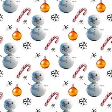 Seamless pattern disco mirror ball new year, snowman, ornament, caramel can.. Stock Illustration