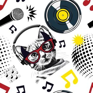 Seamless pattern disco music cat with headphones, party vector background Stock Illustration