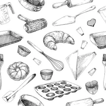 Seamless pattern of dishes for baking. Baking stuff Illustrazione stock