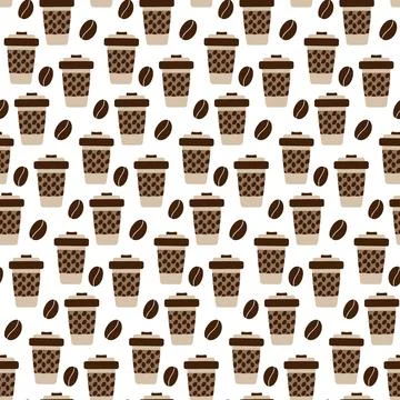 Seamless pattern Disposable coffee cups with lid, patterned holder and coffee Stock Illustration