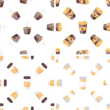 Seamless pattern with disposable coffee cups showing different angles and Stock-Illustration