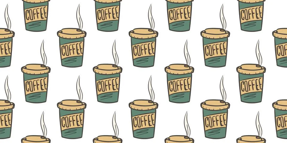 Seamless Pattern of disposable Coffee Cups with hot drink, aromatic smoke Stock Illustration