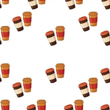 Seamless pattern with disposable coffee cups on white background. Stock Illustration