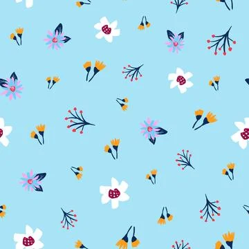 Seamless pattern ditsy summer flowers on blue Stock Illustration