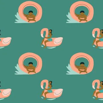 Seamless pattern with diverse children and pool floats on teal background 스톡 일러스트