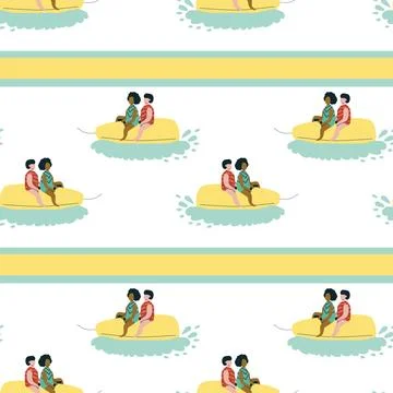 Seamless pattern of diverse couples jet skiing in repeat design 스톡 일러스트