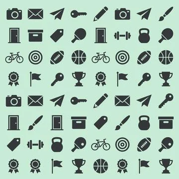 Seamless pattern of diverse flat icons including camera, envelope, paper ai.. Stock Illustration