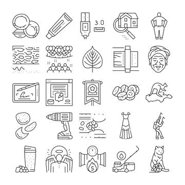 Seamless pattern with diverse objects and abstract concept line icons Illustrazione stock