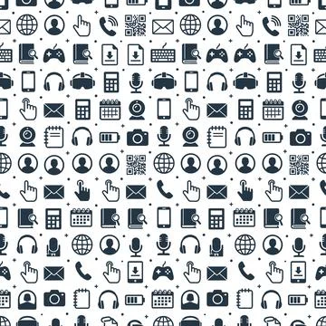 Seamless pattern of diverse technology and communication icons including gl.. Stock Illustration