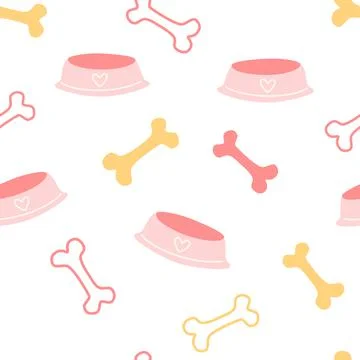 Seamless pattern with dog bones. Colored dog bones and food bowls background. Stock Illustration