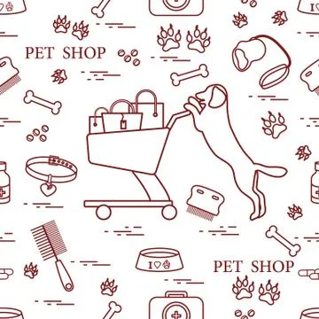 Seamless pattern: dog, bowl, shopping cart with gift bags, traces, bone, brus Stock Illustration