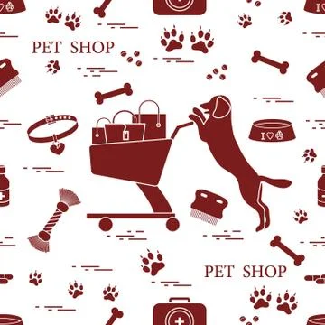 Seamless pattern: dog, bowl, shopping cart with gift bags, traces, bone, brus Stock Illustration