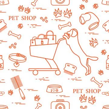 Seamless pattern: dog, bowl, shopping cart with gift bags, traces, bone, brus 스톡 일러스트