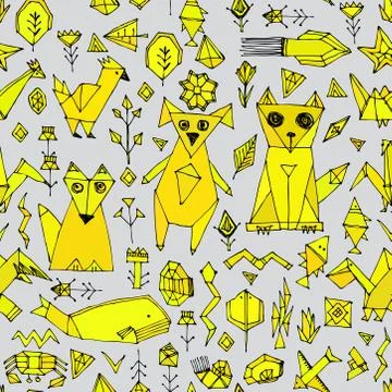 Seamless pattern with Dog cat fox fish birds sea animals and plants, Black ou Illustrazione stock