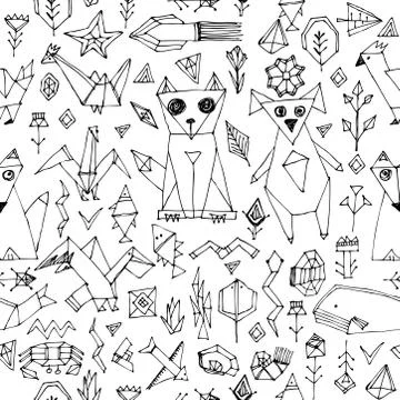 Seamless pattern with Dog cat fox fish birds sea animals and plants, Black ou 스톡 일러스트