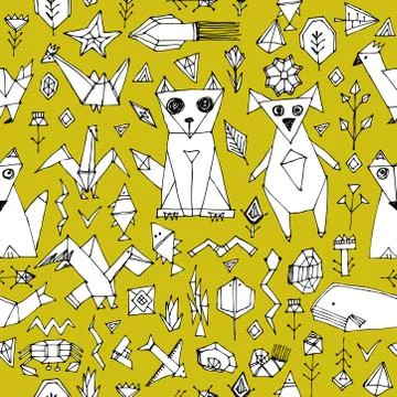 Seamless pattern with Dog cat fox fish birds sea animals and plants, Black ou Illustrazione stock