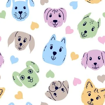 Seamless pattern with  dog faces  and hearts  on white background. Stock Illustration