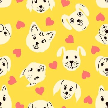 Seamless pattern with  dog faces  and hearts  on yellow background. Stock Illustration