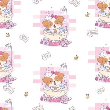 Seamless pattern with dog girl bathes in bath with foam in shower on white Stock Illustration