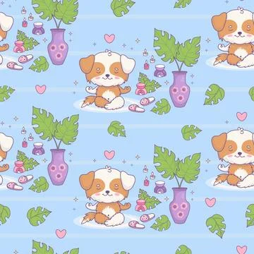 Seamless pattern with dog meditating on blue background with aroma lamp wit.. Stock Illustration