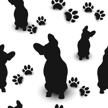 Seamless pattern of dog paw print and french bulldog. Stock-Illustration
