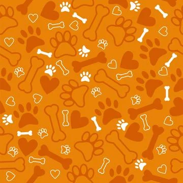 Seamless pattern with dog paw print, bone and hearts. Orange background Illustrazione stock