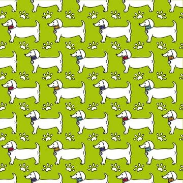 Seamless pattern - dog profile, paw trace isolated on green background Stock Illustration