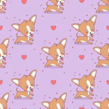 Seamless pattern with dog on purple background with hearts. Funny cartoon k.. 스톡 일러스트