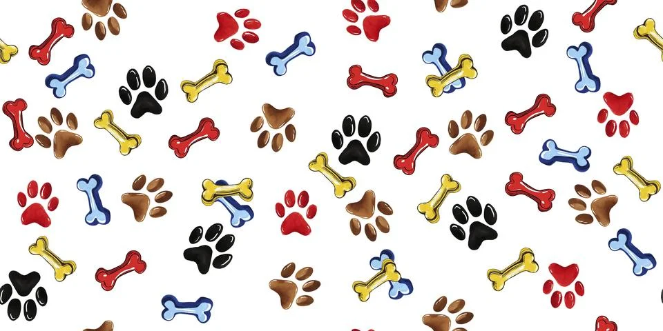 Seamless pattern of dog tracks and bones on a white background Illustrazione stock