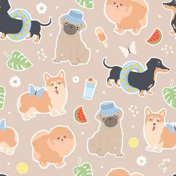 Seamless pattern with dogs. Summer funny illustration for kids. Dachshund, po Stock Illustration