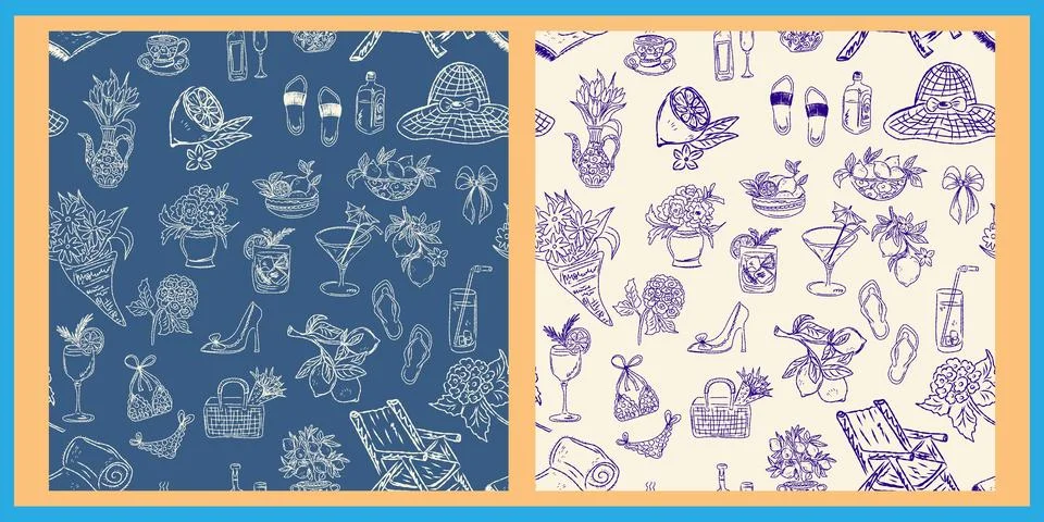 A seamless pattern with a Dolce Vita theme. Whimsical sketch elements. A styl Stock Illustration