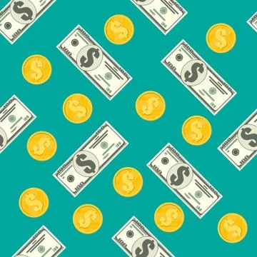 Seamless pattern of dollar banknotes, golden coins Stock Illustration