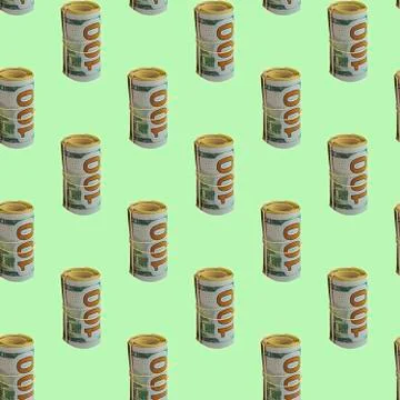 Seamless pattern with dollars on a green background. Minimal isometric textur Stock Photos