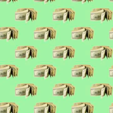 Seamless pattern with dollars on a green background. Minimal isometric textur Fotos de archivo