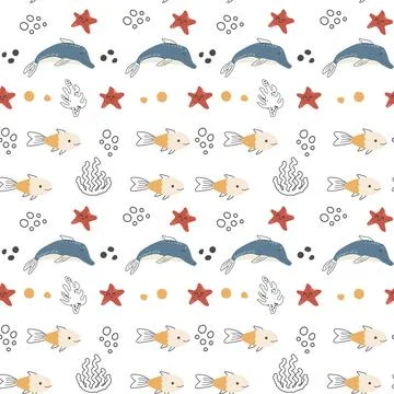 Seamless pattern with dolphin and starfish with doodle elements. Stock Illustration