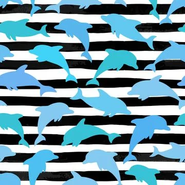 Seamless pattern with dolphin on black and white striped background. design f Stock Illustration