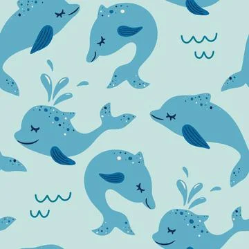Seamless pattern with dolphin. Marine theme, ocean. Suitable for fabric, wall Stock Illustration