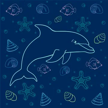 A seamless pattern of the dolphin surrounded by bulbs, shells, starfish 스톡 일러스트