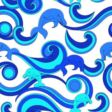 Seamless pattern of dolphins and waves. Stock Illustration
