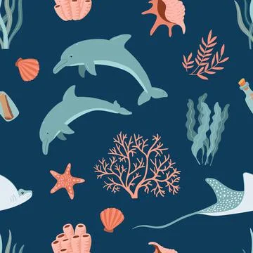 Seamless pattern with dolphins, coral and shells  Illustrazione stock