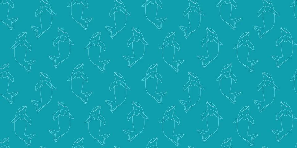 Seamless Pattern with dolphins in one line style. White simple hand drawn m.. Stock Illustration