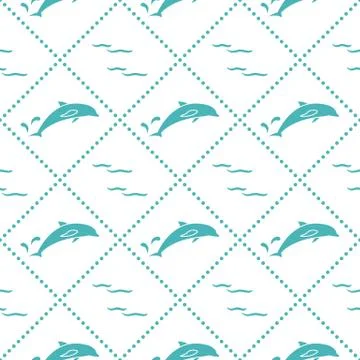 Seamless pattern with dolphins, splashes and waves Stockillustratie