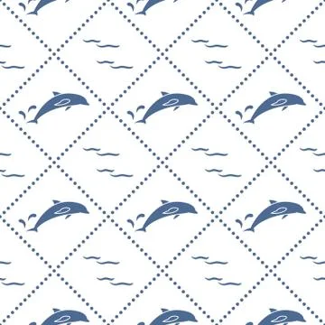 Seamless pattern with dolphins, splashes and waves Stock Illustration