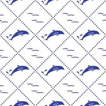 Seamless pattern with dolphins, splashes and waves Stock Illustration