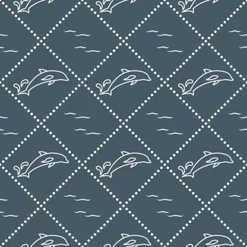 Seamless pattern with dolphins, splashes and waves Stockillustratie