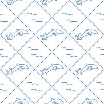 Seamless pattern with dolphins, splashes and waves Stock Illustration