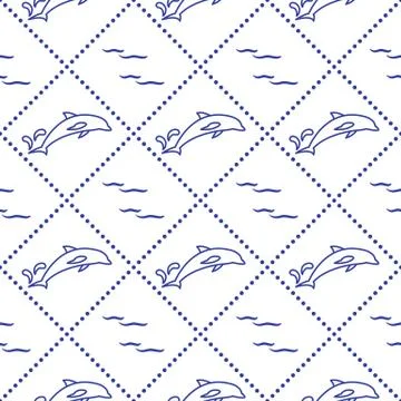 Seamless pattern with dolphins, splashes and waves Stock Illustration