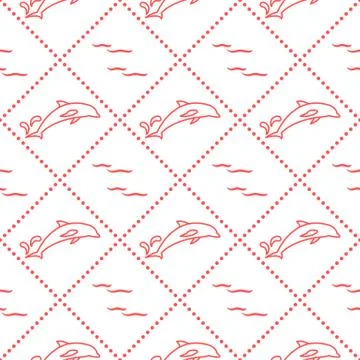 Seamless pattern with dolphins, splashes and waves Stock Illustration